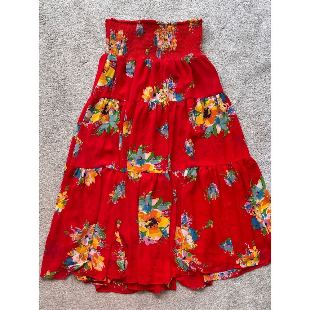 NWOT Ralph Lauren Red Floral Smocked Tiered Midi Skirt Sm E23 - Picture 3 of 7